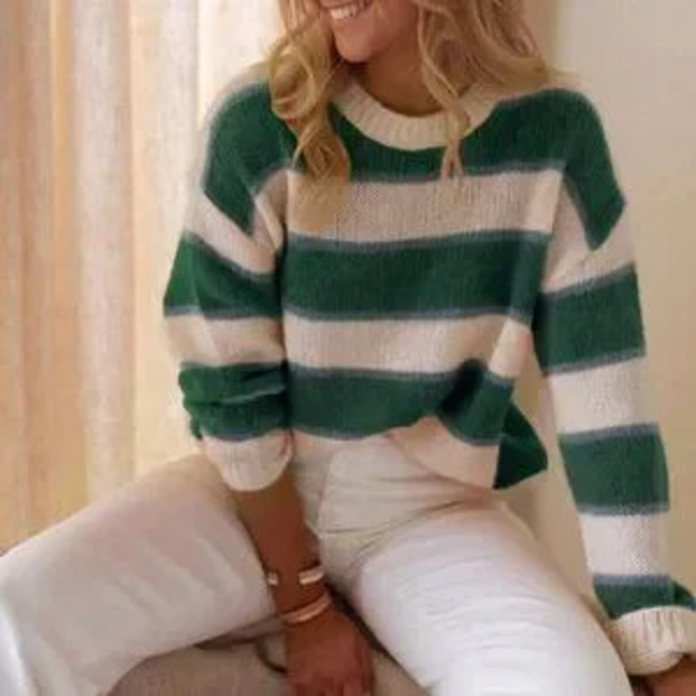 Army Green Casual Women's Colorblock Striped Crew Neck Long Sleeve Knit Sweater